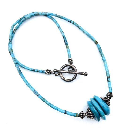 Vintage Heishi Necklace Turquoise Heishi and Nugget Beaded Necklace 16 in - Picture 3 of 10